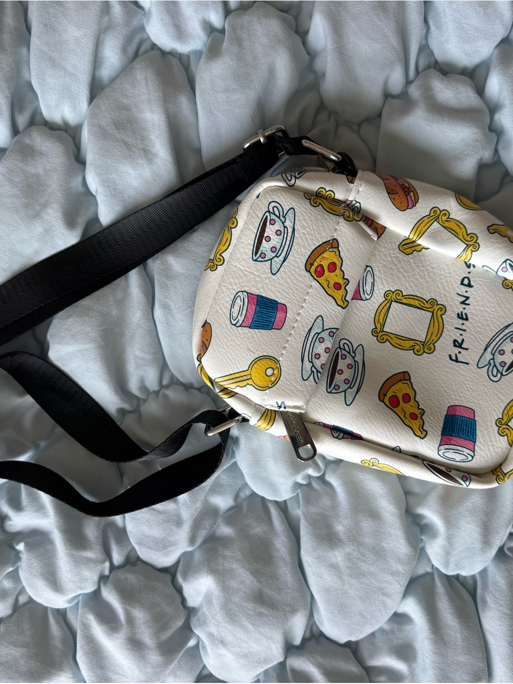 Buckle White Printed Friends Crossbody Bag with Black Strap